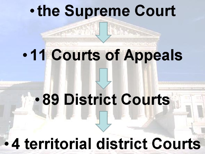 the Supreme Court  11 Courts of Appeals  89 District Courts  4